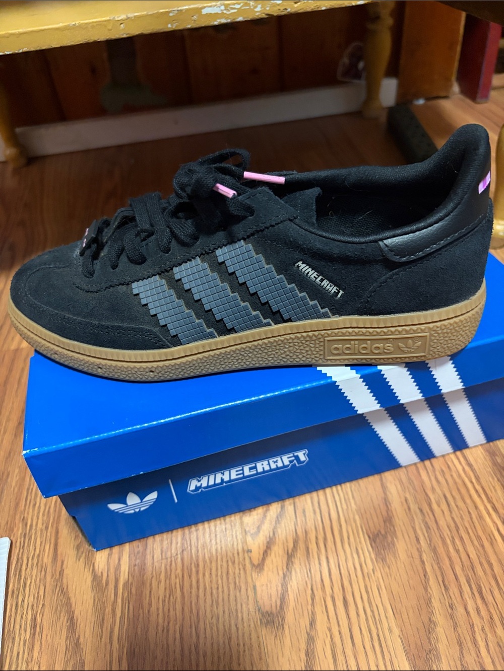 adidas Kids Black Suede Sneakers with Gum Sole and Pixel Stripes
